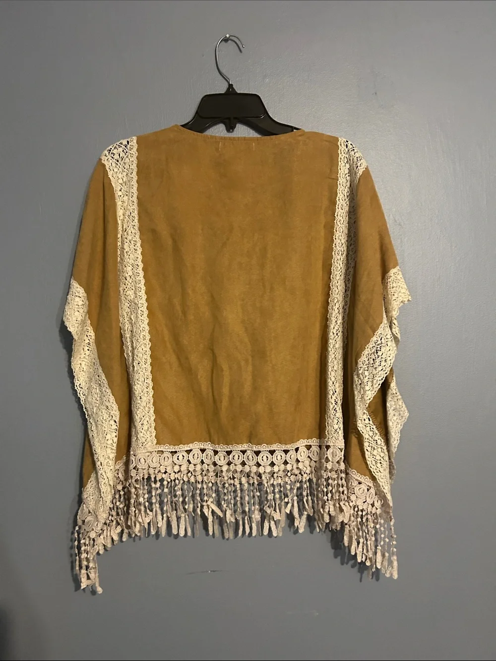 Ya Los Angeles Mustard Fringe Crochet Poncho Sweater with Cream Trim